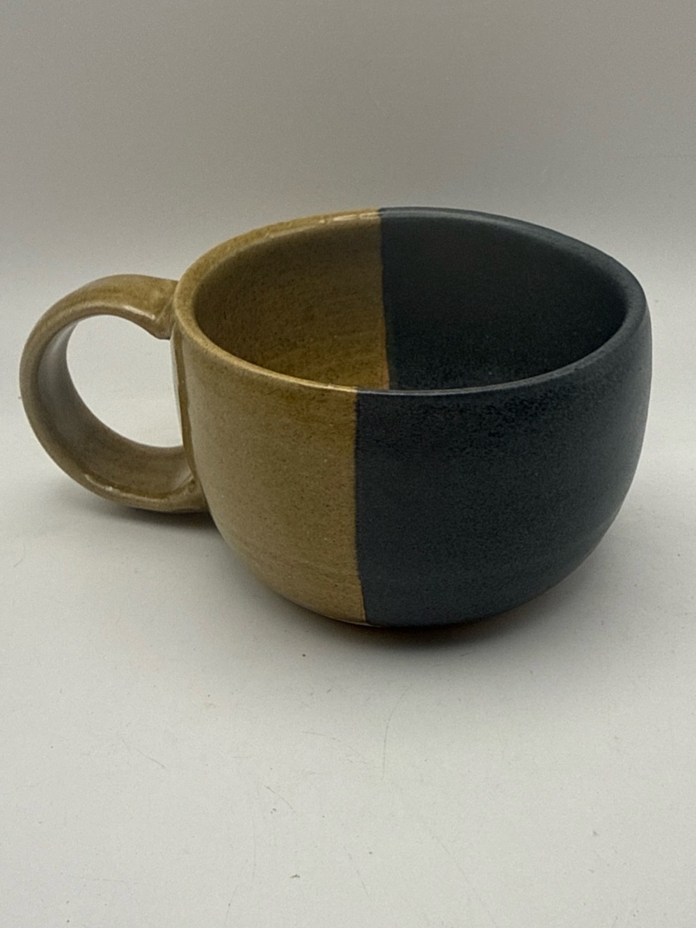 Studio Art Pottery Hand Thrown Soup Cup Mug Stoneware Brown Blue Grey Signed MEW